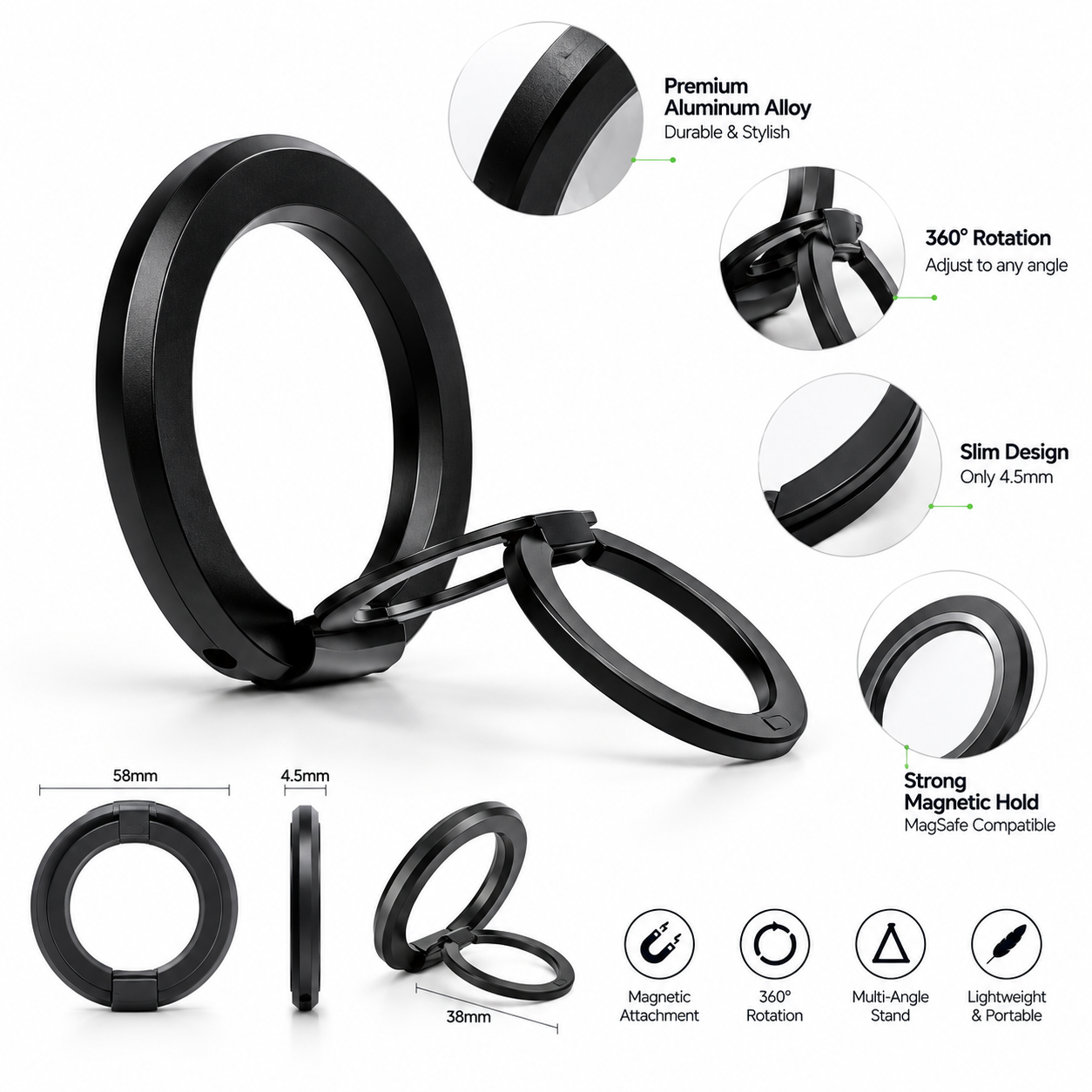 LACELL MagSafe Magnetic Ring Holder – 360° Phone Grip & Stand